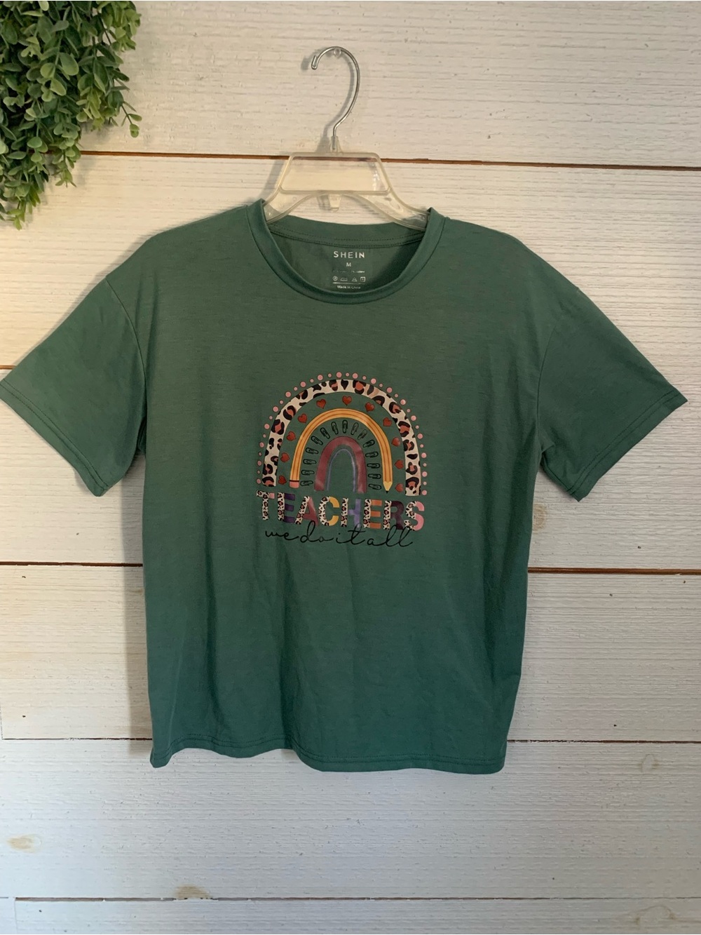 SHEIN Green Graphic Rainbow 'Teachers We Do It All' Tee Size M